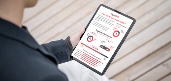 Car Dealership Sales Manager viewing analytics of today's car shopper report on iPad